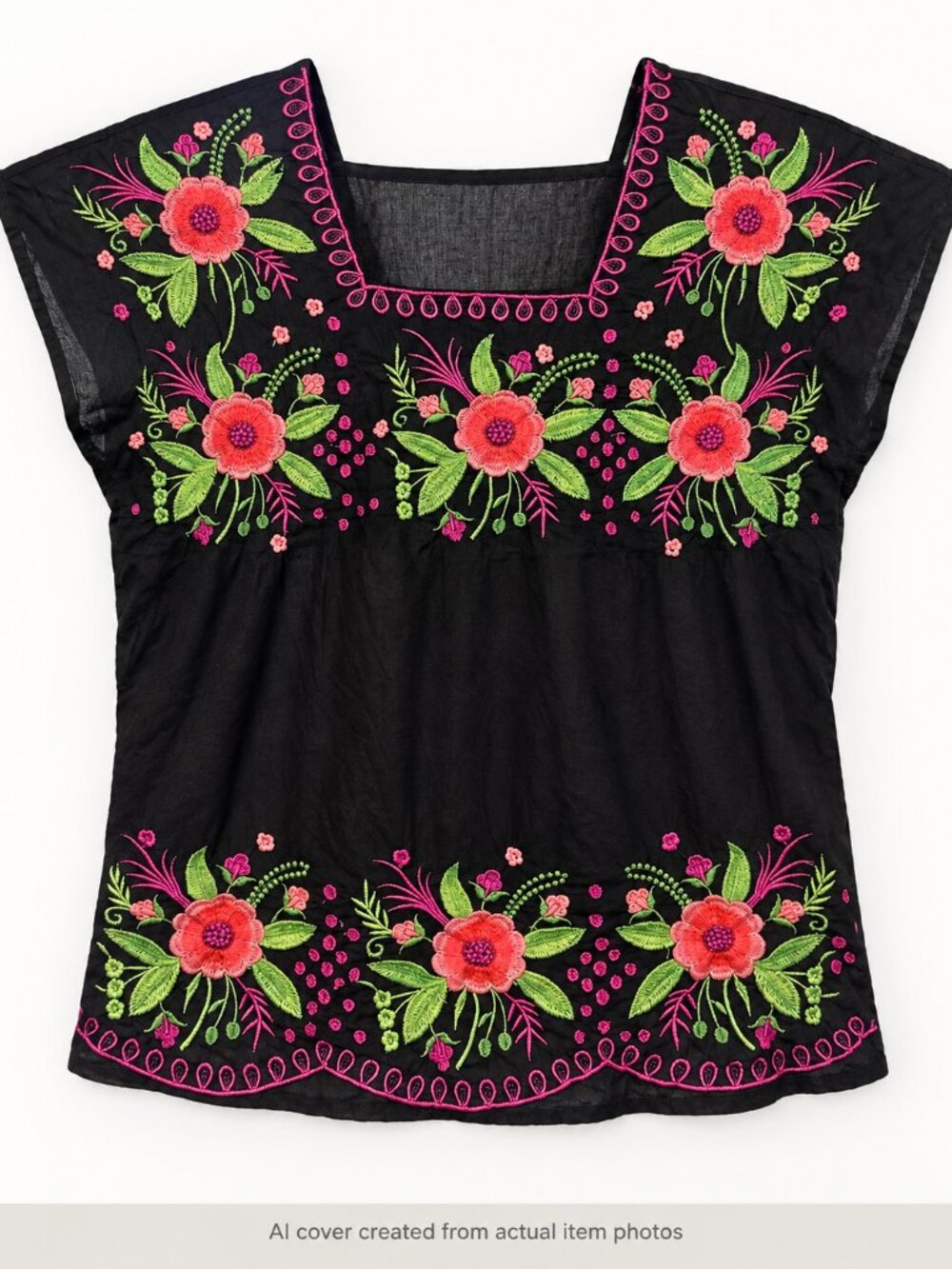 Anandas Collection Black Floral Embroidered Cotton Blouse XL Boho Folk